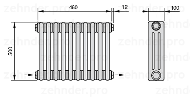 Схема (чертеж) Радиатор Zehnder Charleston 3050/10 №2670 Белый глянцевый RAL 9016